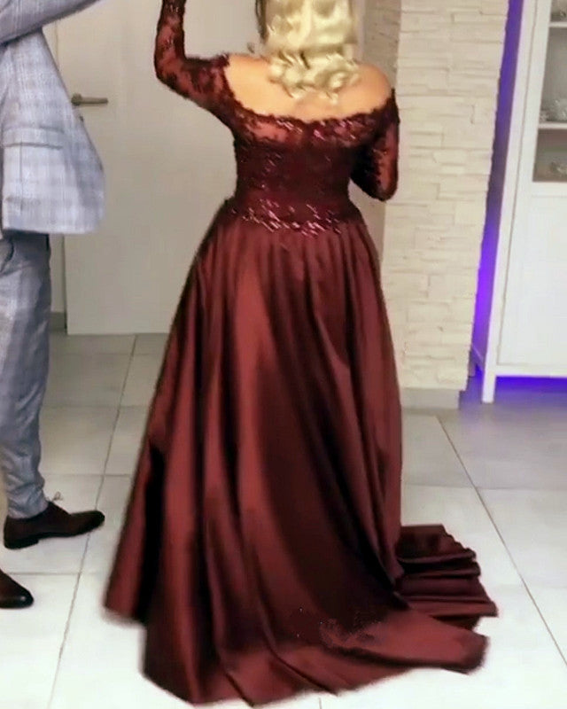 Long Sleeves Lace Off Shoulder Mermaid Prom Dresses