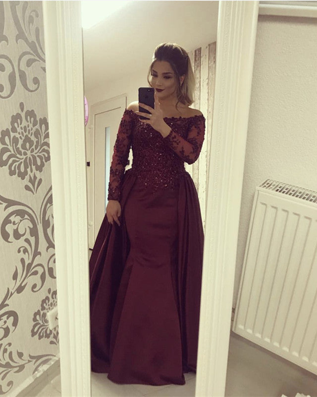 Long Sleeves Lace Off Shoulder Mermaid Prom Dresses