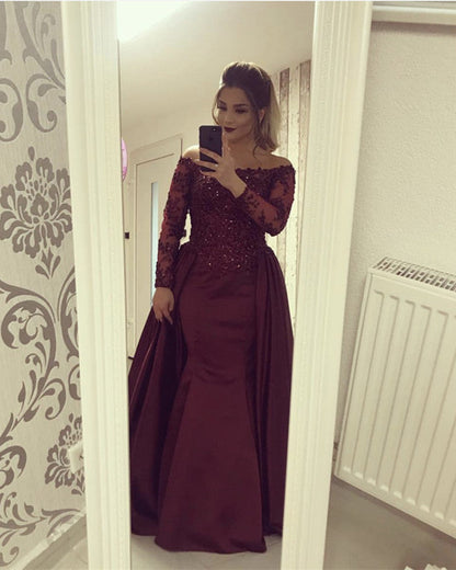 Long Sleeves Lace Off Shoulder Mermaid Prom Dresses