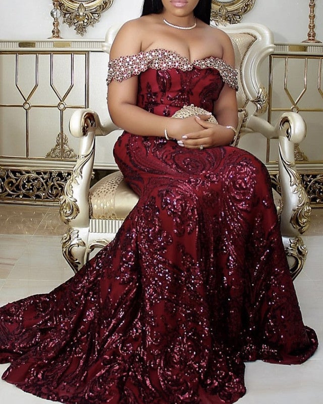Burgundy Sequin Mermaid Prom Dresses Off Shoulder