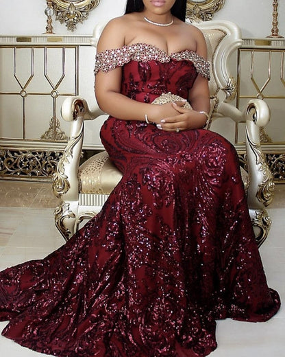 Burgundy Sequin Mermaid Prom Dresses Off Shoulder