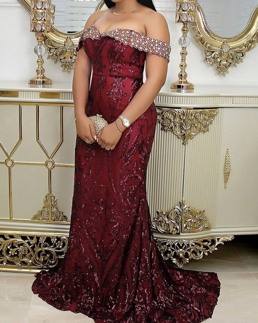 Burgundy Sequin Mermaid Prom Dresses Off Shoulder