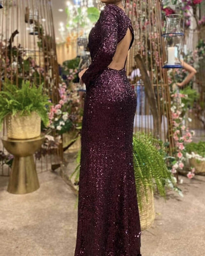 Mermaid Burgundy Sequin Dresses Long Sleeve