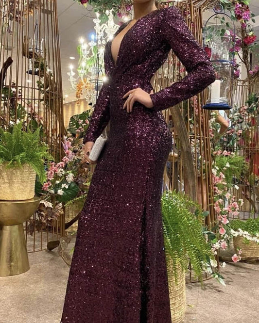 Mermaid Burgundy Sequin Dresses Long Sleeve