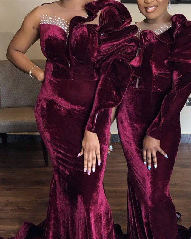 Burgundy Mermaid One Shoulder Velvet Dresses