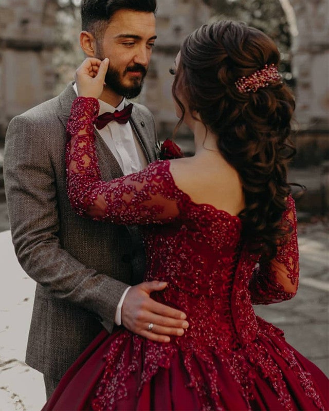 Burgundy Wedding Dresses Satin Ball Gown Lace Long Sleeves
