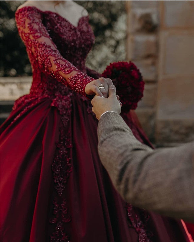 Burgundy Wedding Dresses Satin Ball Gown Lace Long Sleeves