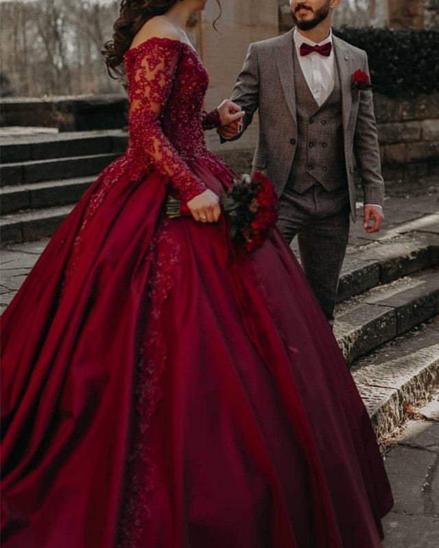 Burgundy Wedding Dresses Satin Ball Gown Lace Long Sleeves