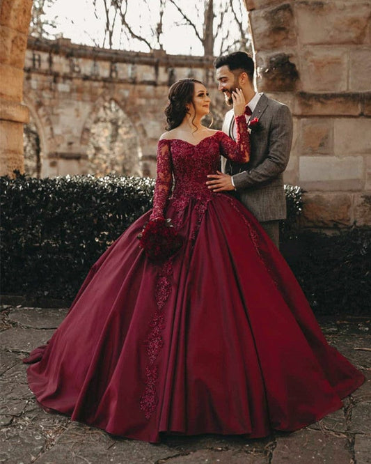 Burgundy Wedding Dresses Satin Ball Gown Lace Long Sleeves