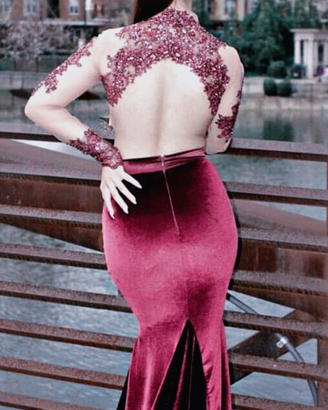 Burgundy Mermaid Velvet Two Piece Prom Dresses Lace Beaded Long Sleeve