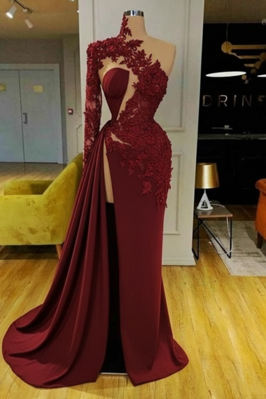 White Mermaid Evening Dress Front Split with Long Sleeves