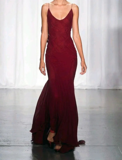 Burgundy Mermaid Chiffon Lace Prom Dress Backless Formal Gown, AST897