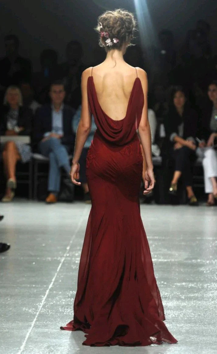 Burgundy Mermaid Chiffon Lace Prom Dress Backless Formal Gown, AST897