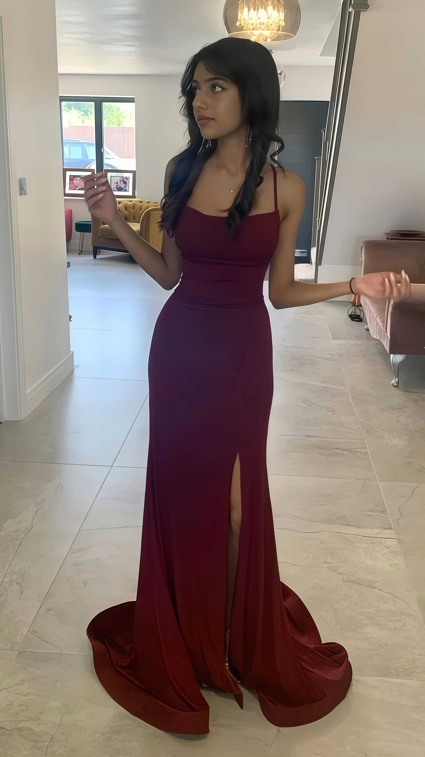 Burgundy Sheath Prom Dress Cross Back Party Dress,AST1684