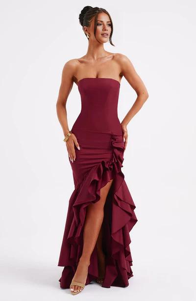 Sexy Burgundy A-line Off The Shoulder Formal Ball Gown With Ruffled Front Slit