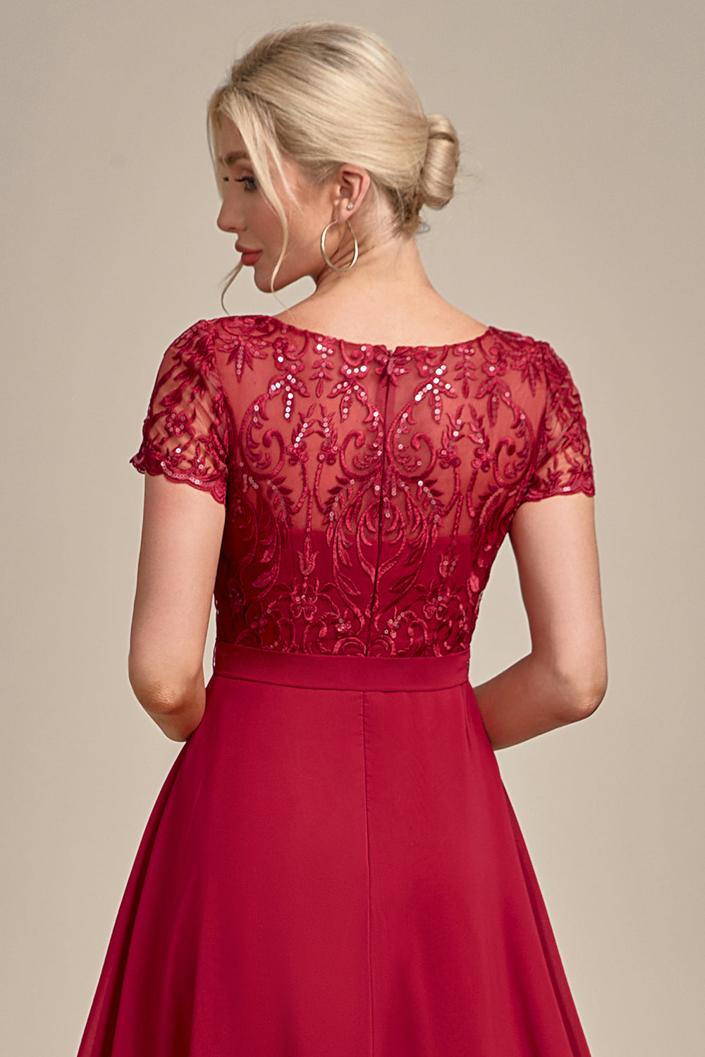 Burgundy Asymmetrical Sequin Mother of Bride Dress with Appliques
