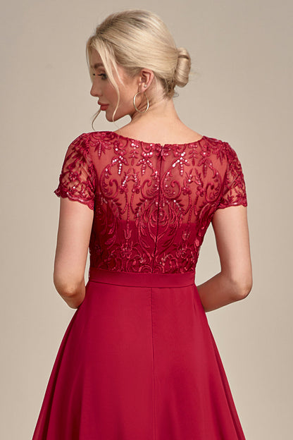 Burgundy Asymmetrical Sequin Mother of Bride Dress with Appliques