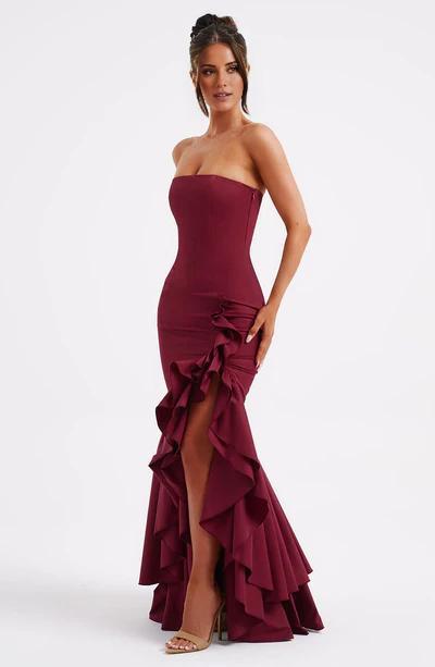 Sexy Burgundy A-line Off The Shoulder Formal Ball Gown With Ruffled Front Slit