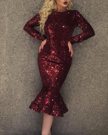 Burgundy Sequin Tea Length Bridesmaid Dresses Long Sleeve