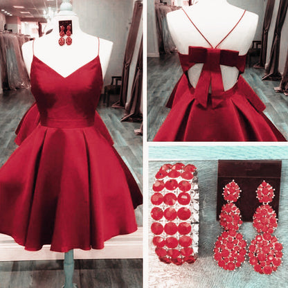 Short A Line V Neck Satin Short Bow Back Dress
