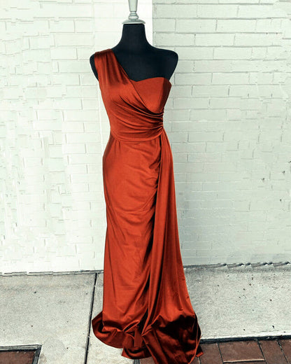 Burnt Orange Satin Bridesmaid Dresses One Shoulder