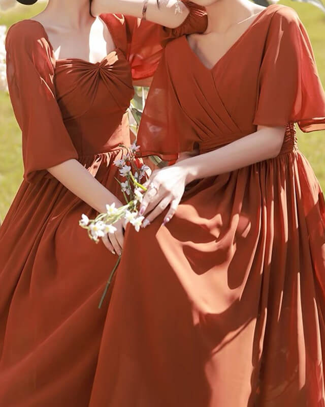 Burnt Orange Chiffon Bridesmaid Dresses With Sleeve