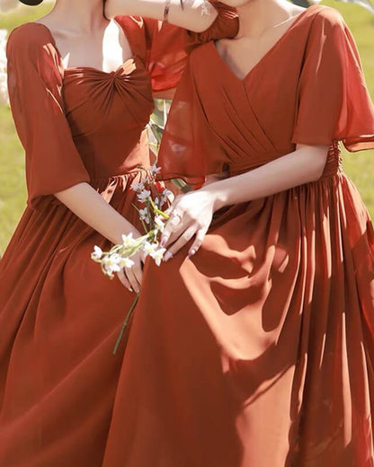 Burnt Orange Chiffon Bridesmaid Dresses With Sleeve
