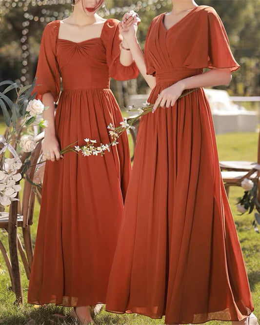 Burnt Orange Chiffon Bridesmaid Dresses With Sleeve