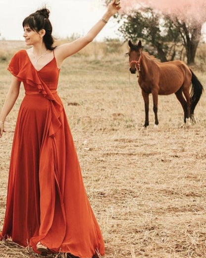 Boho Chiffon Bridesmaid Dresses Asymmetrical Neckline