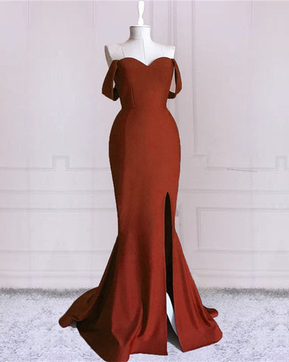 Burnt Orange Mermaid Dresses Off The Shoulder With Slit