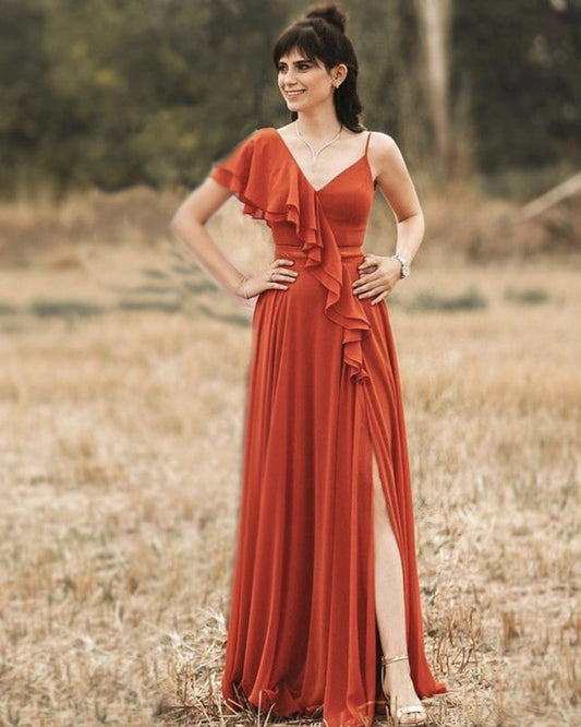Boho Chiffon Bridesmaid Dresses Asymmetrical Neckline