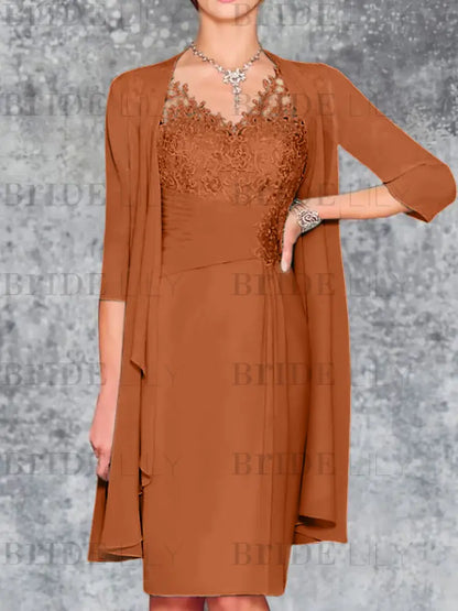 Two Piece Ruffle Chiffon Mother of the Bride Outfit Lace Short Wedding Guest Dress