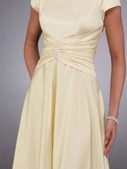 A-Line Mother of the Bride Dress Elegant Jewel Neck Ankle Length Satin Stretch Satin Short Sleeve with Pleats Crystals Draping - RongMoon