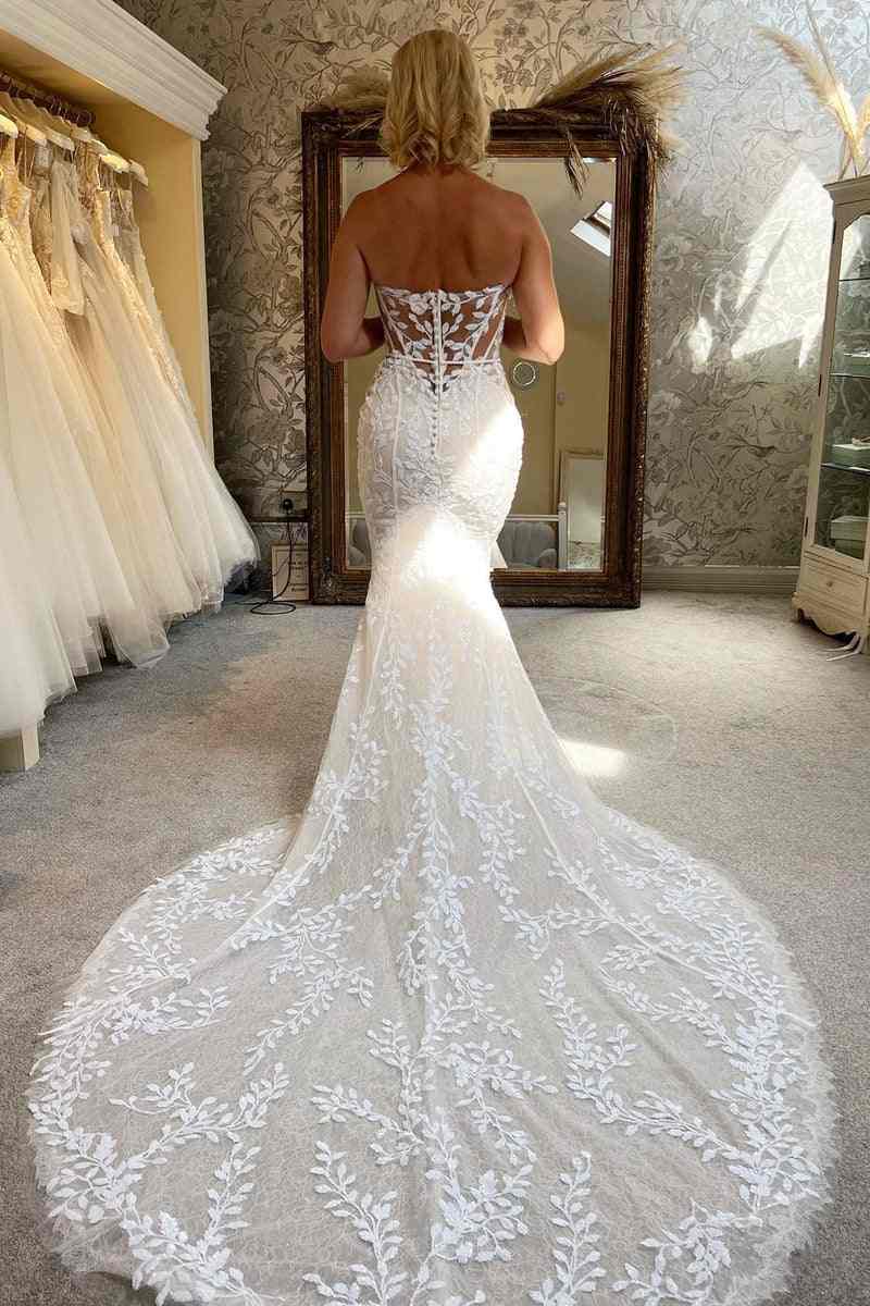 Classy Lace Sweetheart Mermaid Long Wedding Dress with Train