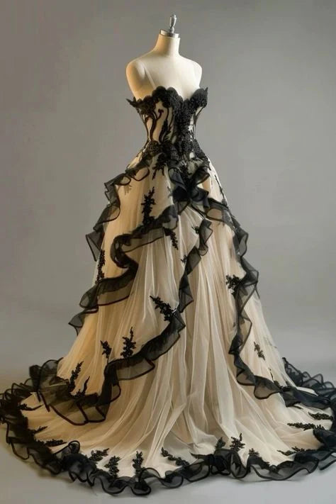 girlhomeshops-Black And White Ball Gown Long Tulle Wedding Dress gh6298