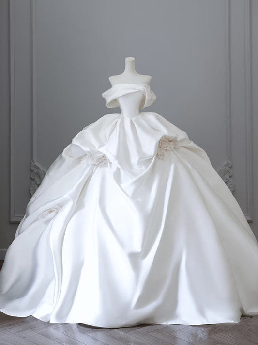 Unique Ball Gown Strapless Off The Shoulder Satin Long Wedding Dresses Brides Dress S3806