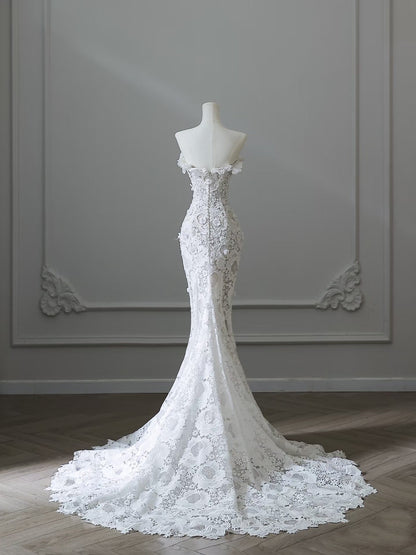 Princess Mermaid Strapless White Lace Long Wedding Dresses Brides Dress S3838