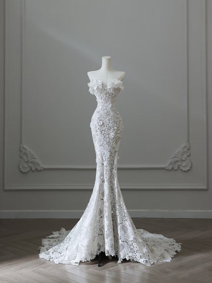 Princess Mermaid Strapless White Lace Long Wedding Dresses Brides Dress S3838
