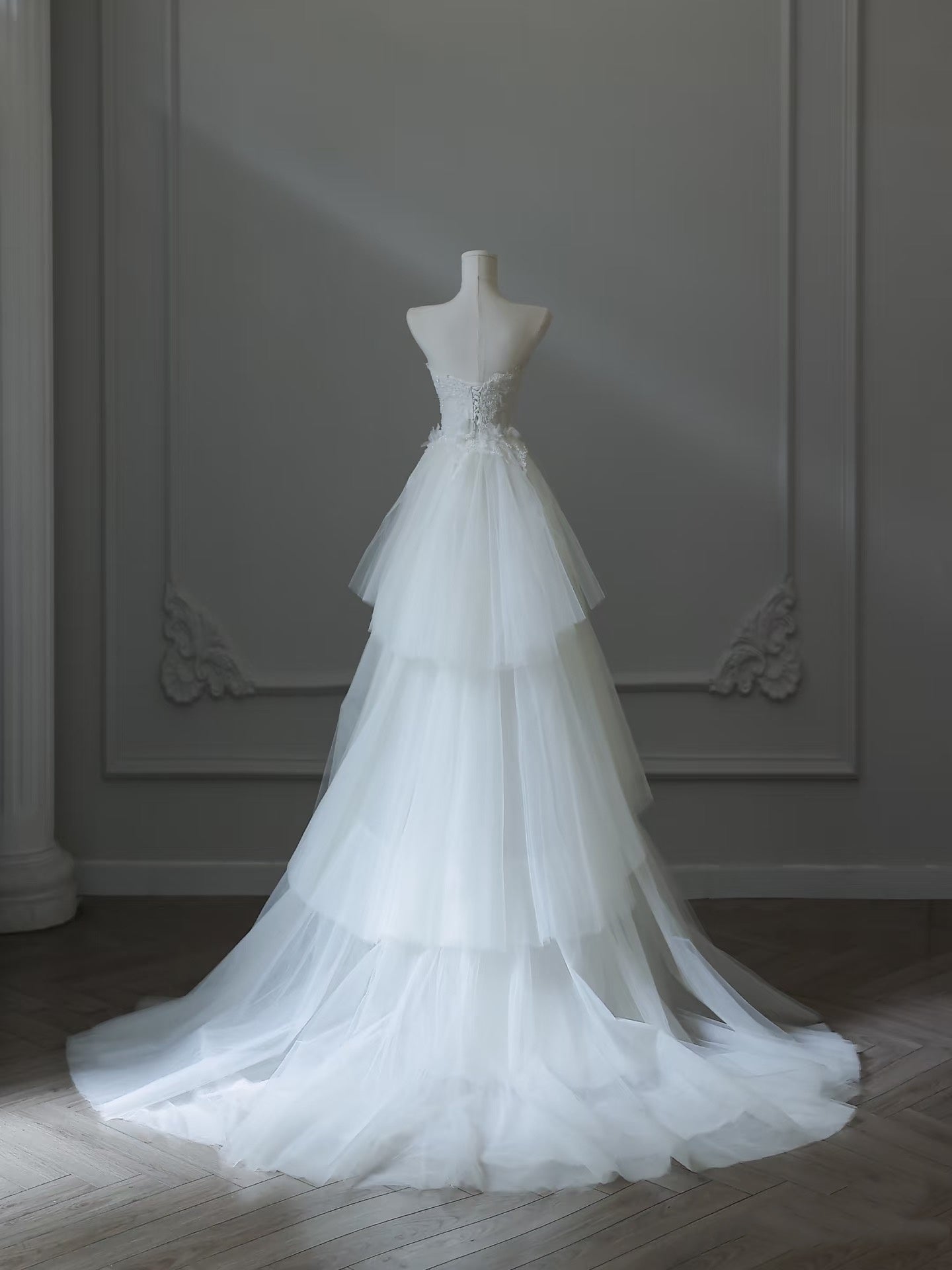 Princess Mermaid Strapless White Lace Long Wedding Dresses Brides Dress S3854