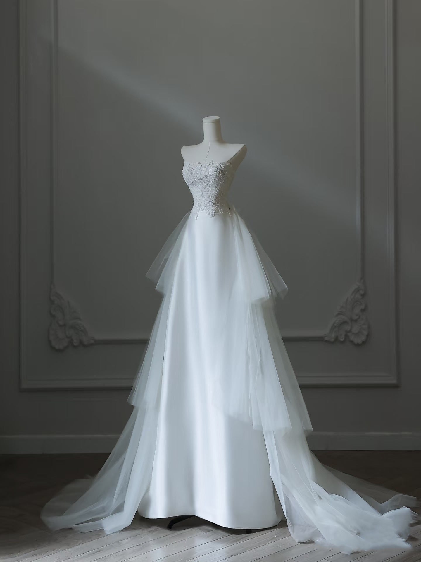 Princess Mermaid Strapless White Lace Long Wedding Dresses Brides Dress S3854