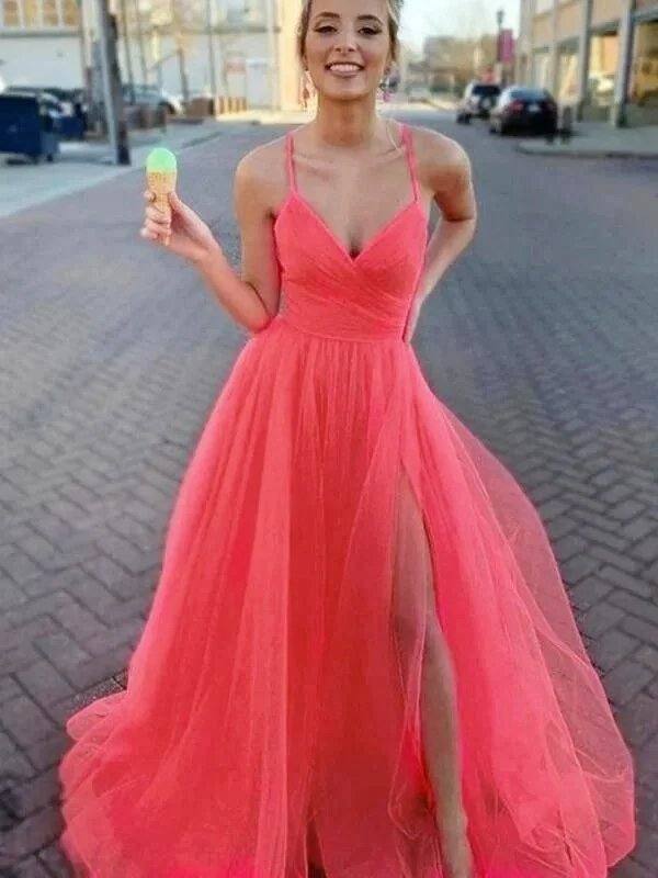 A-Line/Princess Sleeveless Tulle V-neck Ruched Sweep/Brush Train Dresses - RongMoon