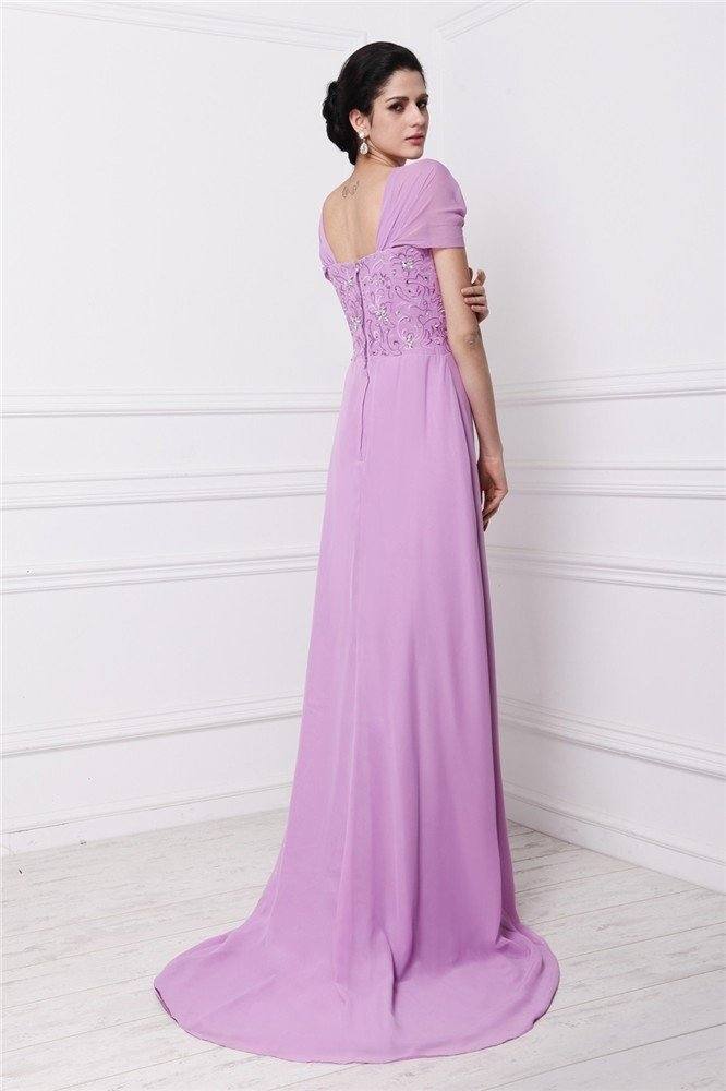 Sheath/Column Square Short Sleeves Beading Embroidery Long Chiffon Mother of the Bride Dresses - RongMoon