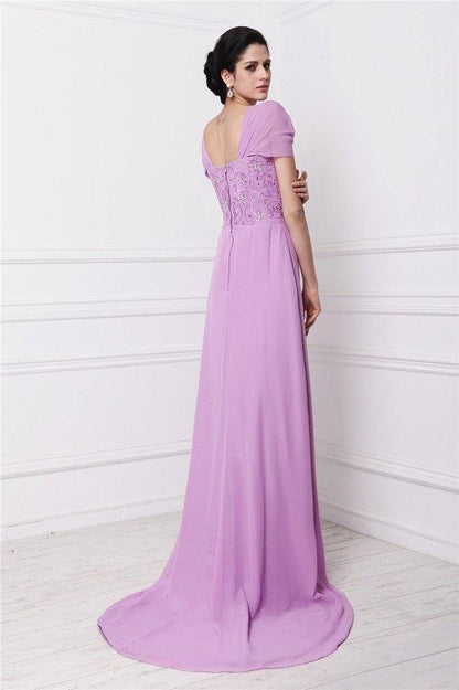 Sheath/Column Square Short Sleeves Beading Embroidery Long Chiffon Mother of the Bride Dresses - RongMoon