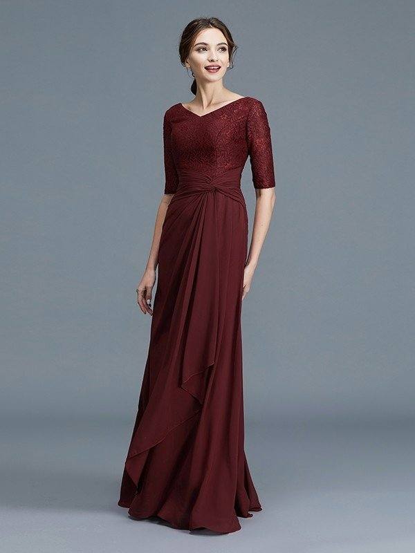 A-Line/Princess V-neck 1/2 Sleeves Ruffles Chiffon Floor-Length Mother of the Bride Dresses - RongMoon