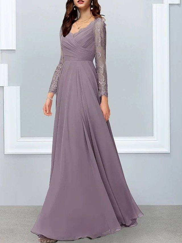 A-Line Mother of the Bride Dress Elegant V Neck Floor Length Chiffon Lace Long Sleeve with Lace Appliques - RongMoon