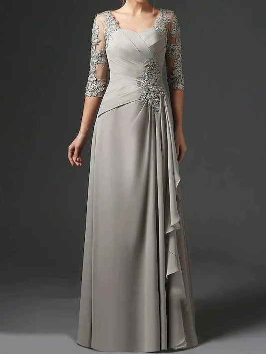 Sheath / Column Mother of the Bride Dress Elegant Square Neck Floor Length Chiffon Lace Half Sleeve with Ruching - RongMoon