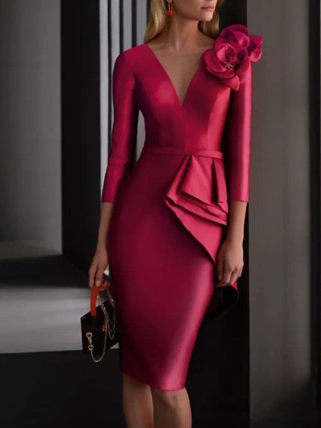 Two Piece Sheath / Column Mother of the Bride Dress Elegant V Neck Knee Length Satin 3/4 Length Sleeve with Ruching Flower - RongMoon