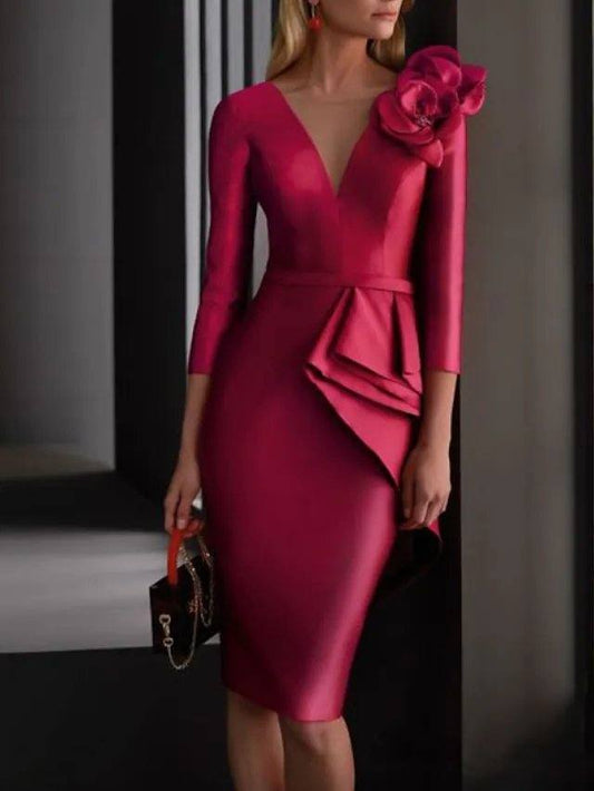 Two Piece Sheath / Column Mother of the Bride Dress Elegant V Neck Knee Length Satin 3/4 Length Sleeve with Ruching Flower - RongMoon