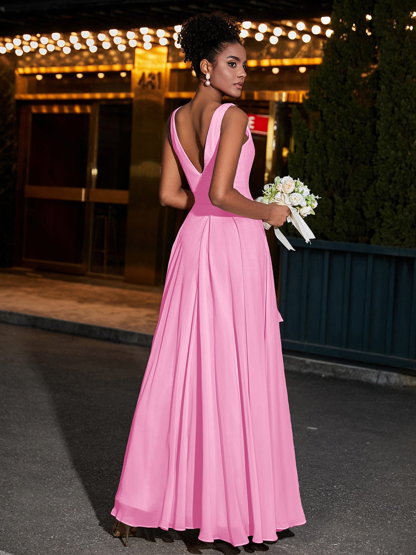 Simple Chiffon Dresses with V Neckline Candy Pink