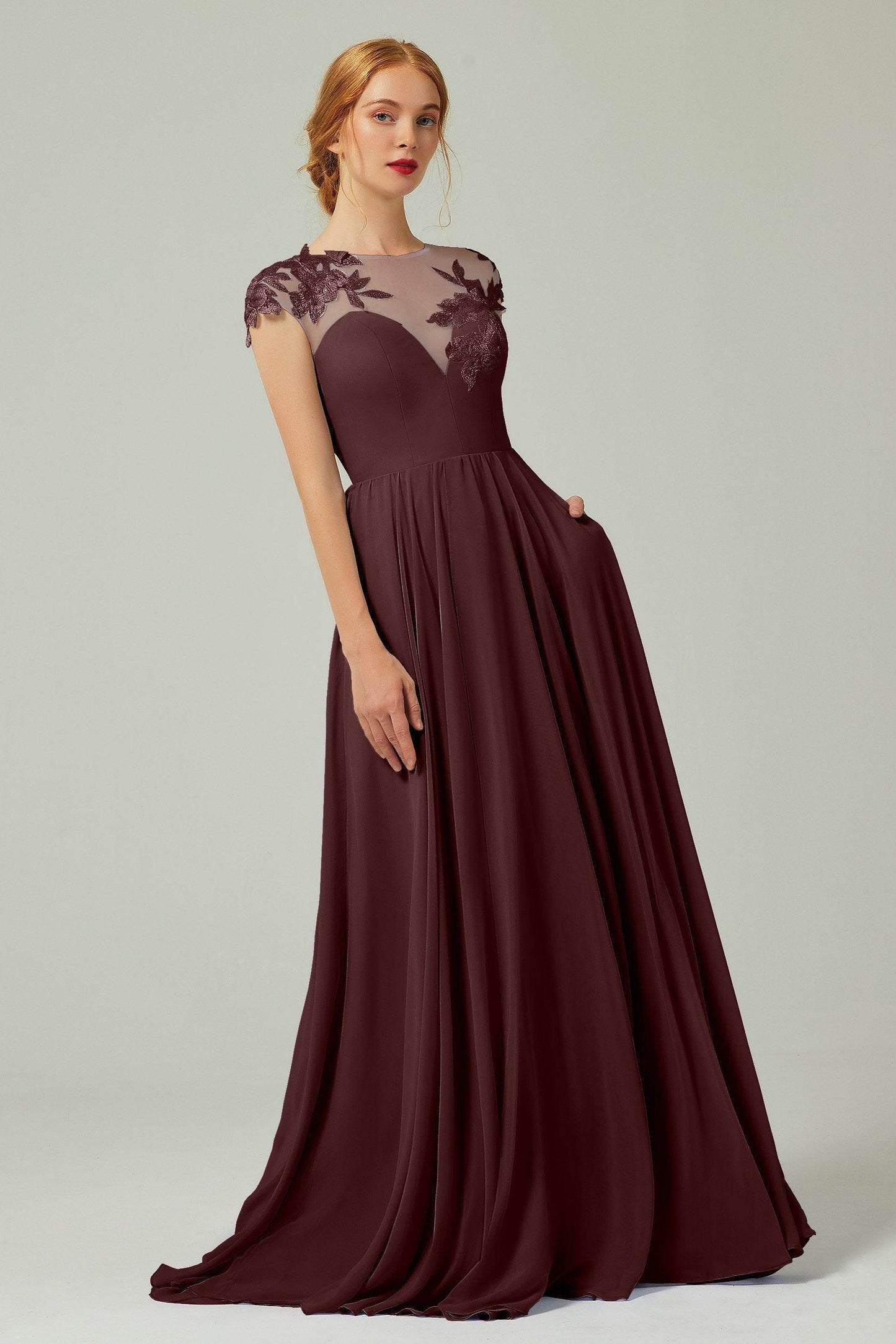 A-Line Sweep-Brush-Train Chiffon Bridesmaid Dress CB0248PS